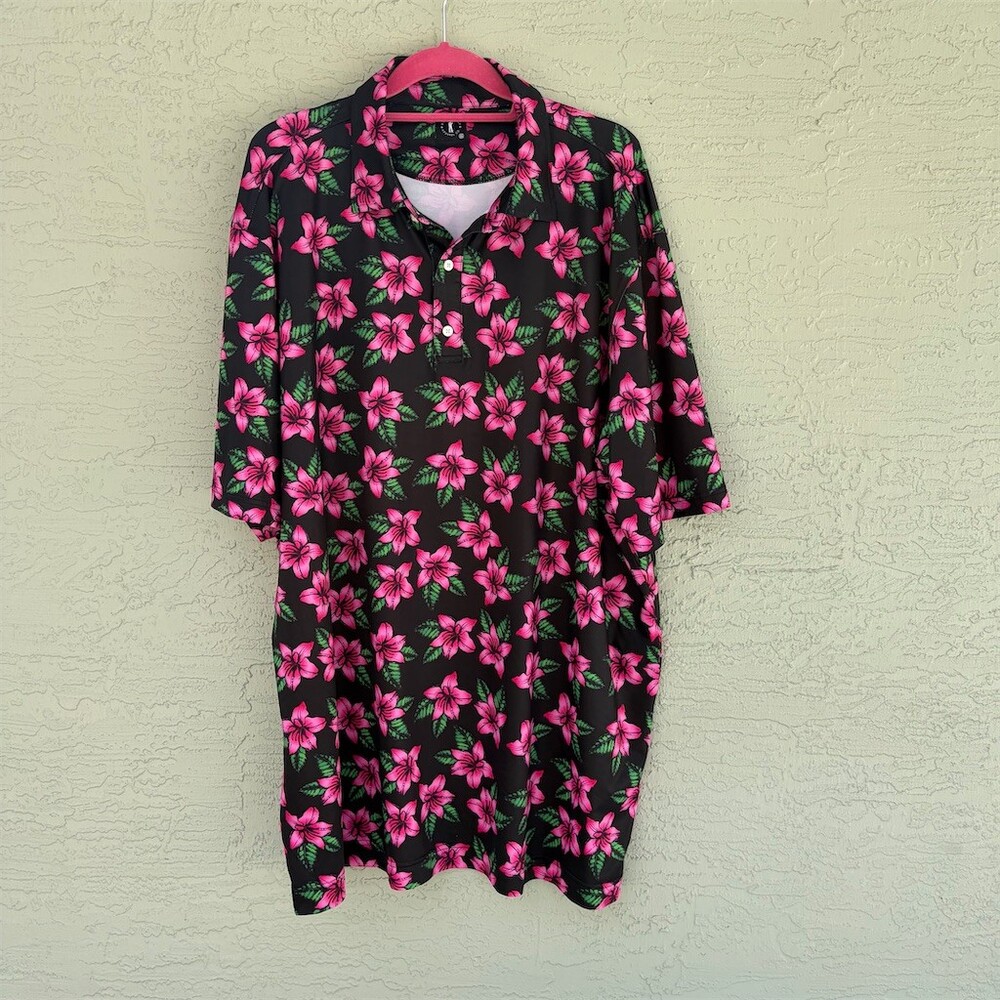 U Suck At Golf Floral Polo Shirt Mens 3XL Black Pink Hibiscus Golf Short